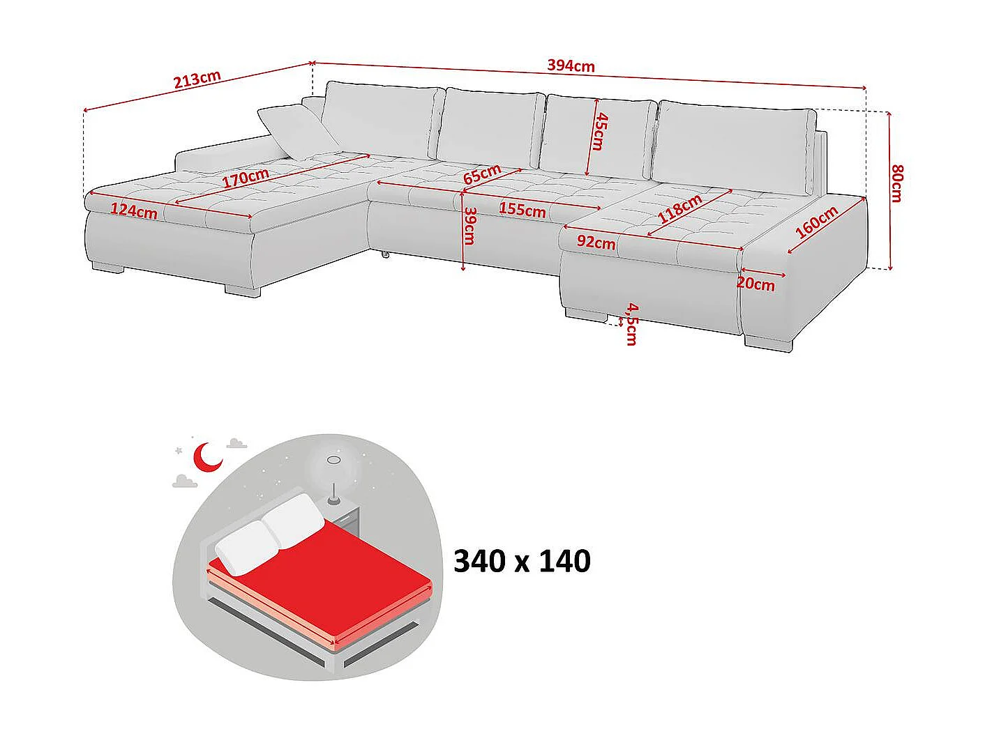Sofá rinconero Comfivo 106, Negro, Función de descanso, Almacenaje, 394x213x80cm