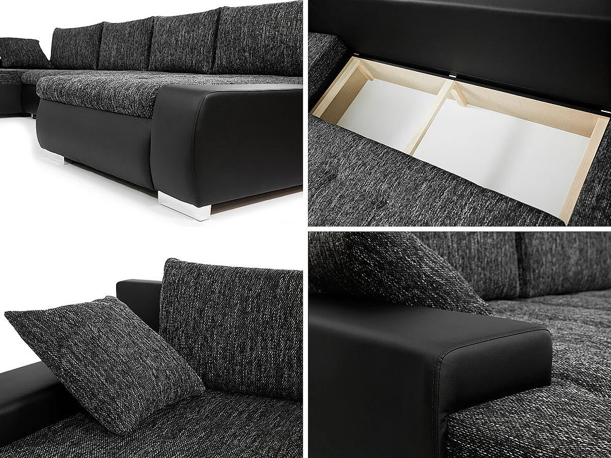 Sofá rinconero Comfivo 106, Negro, Función de descanso, Almacenaje, 394x213x80cm