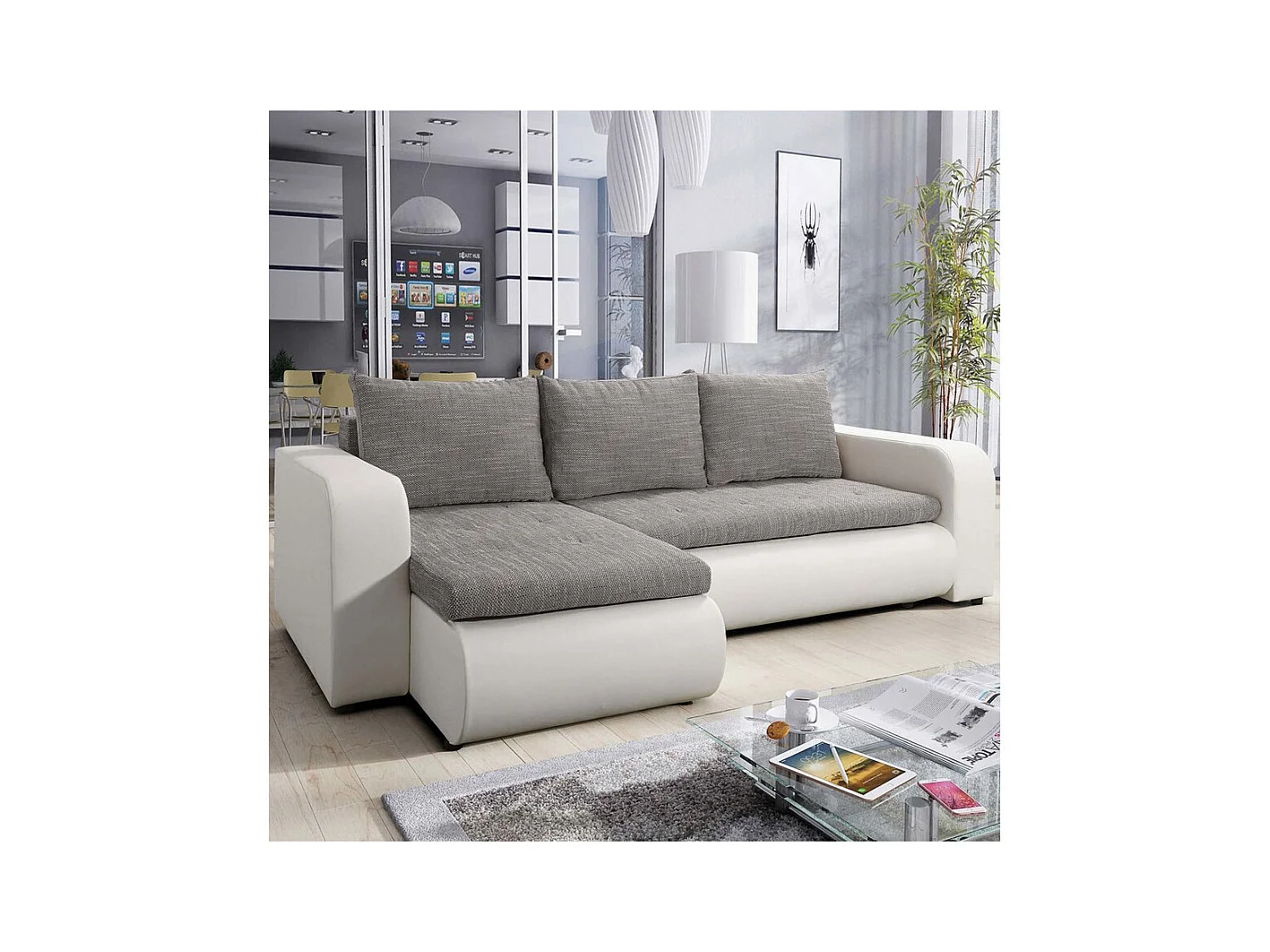 Sofá de canto esquerdo conversível "Brooklyn" com armazenamento - Cinza Branco - 3 lugares