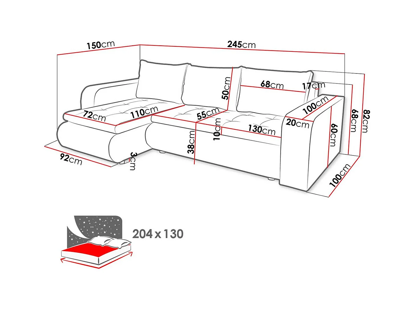 Sofá de canto esquerdo conversível "Brooklyn" com armazenamento - Cinza Branco - 3 lugares