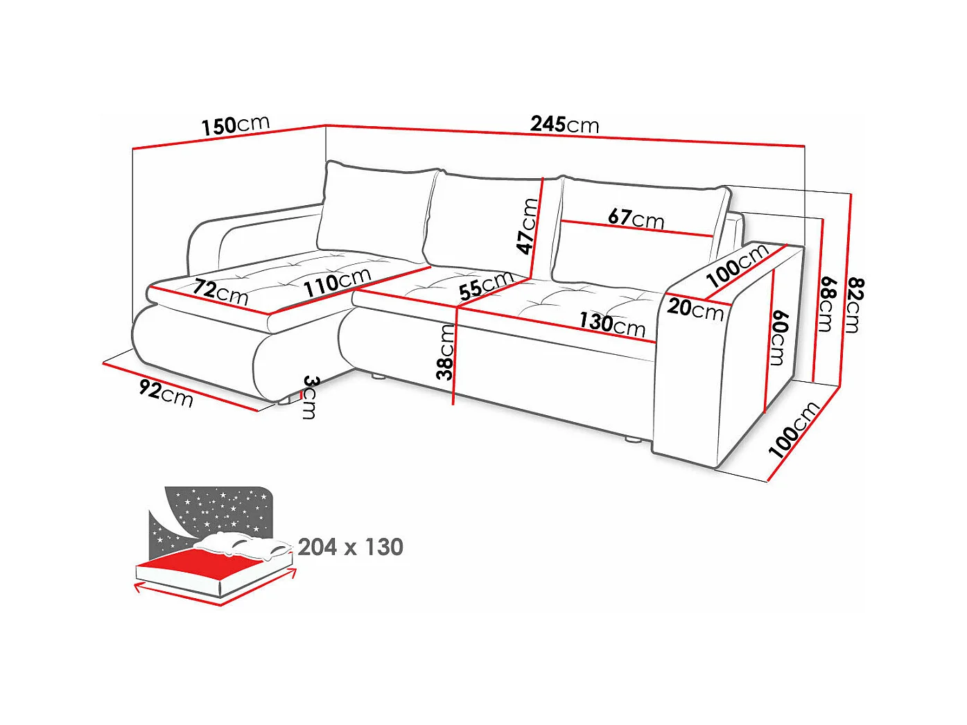 Sofá de canto esquerdo conversível "Brooklyn" com armazenamento - Cinza Branco - 3 lugares