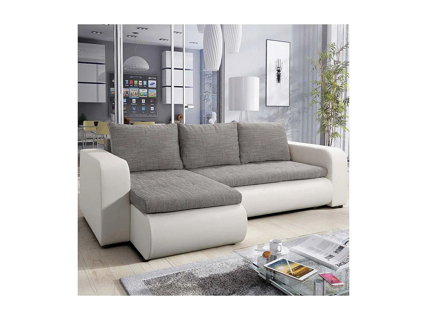 Sofá de esquina izquierda convertible "Brooklyn" con almacenamiento - Gris Blanco - 3 plazas