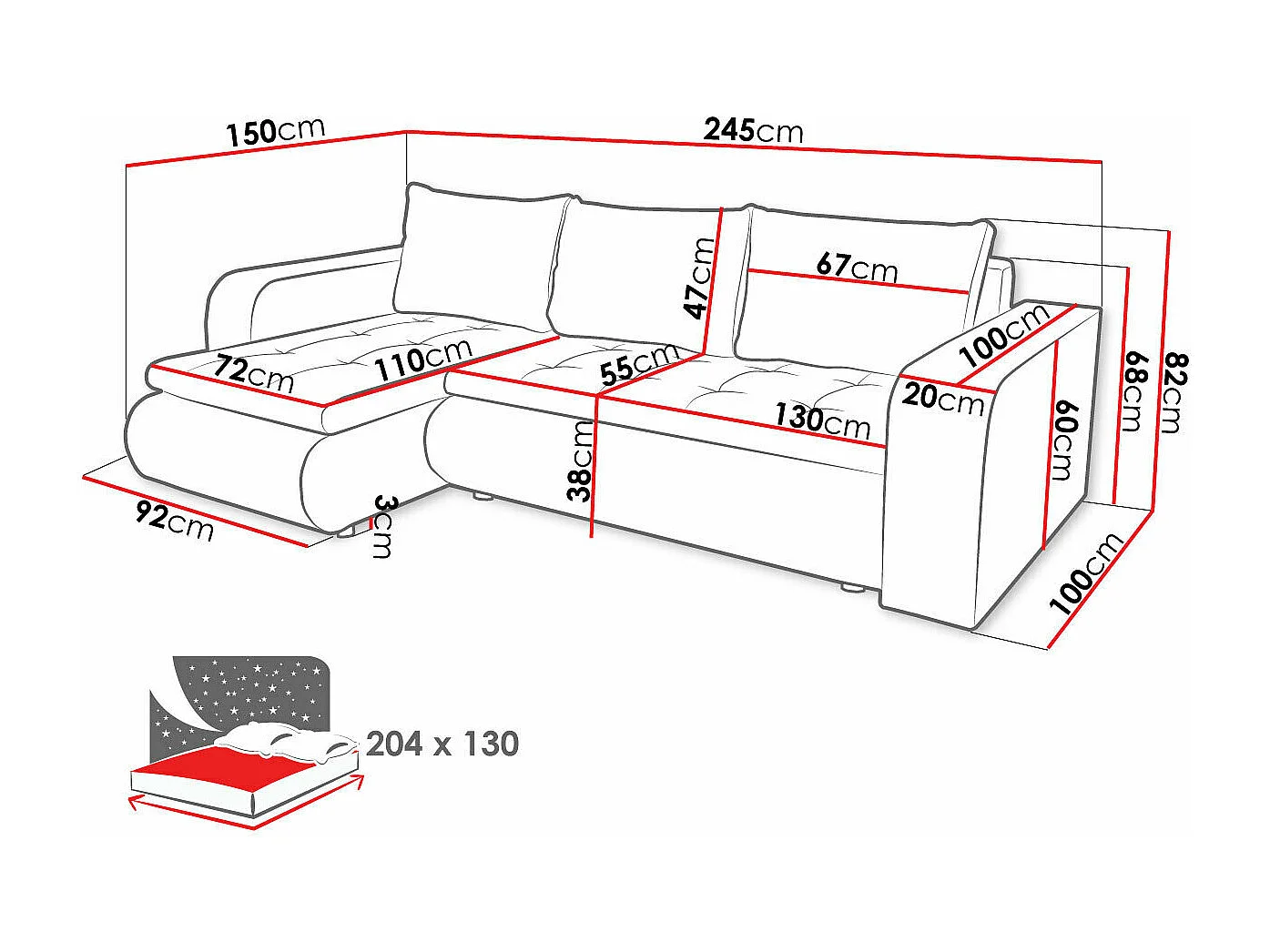Sofá de esquina izquierda convertible "Brooklyn" con almacenamiento - Gris Blanco - 3 plazas