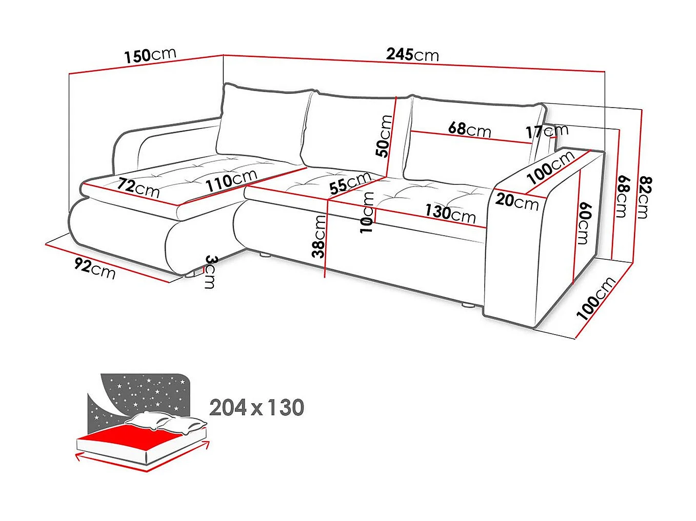 Sofá de esquina izquierda convertible "Brooklyn" con almacenamiento - Gris Blanco - 3 plazas