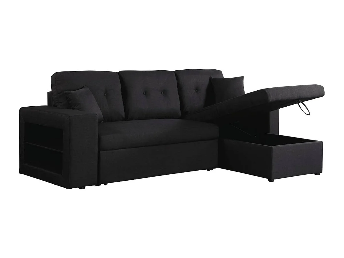 Hoekslaapbank "Axel" van linnen met geïntegreerde planken - Zwart - 3 zitplaatsen