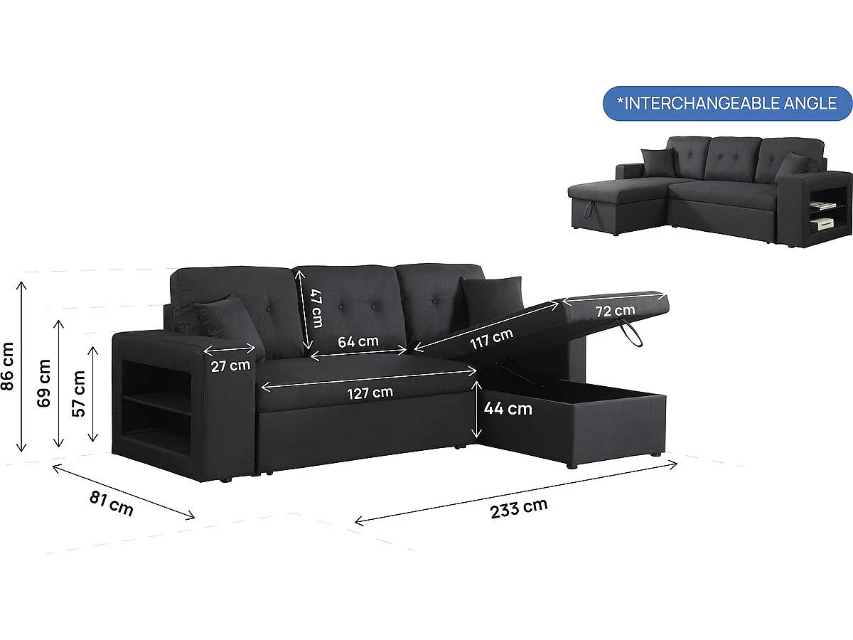 Canapé d'angle réversible convertible 3 places en tissu noir AXEL