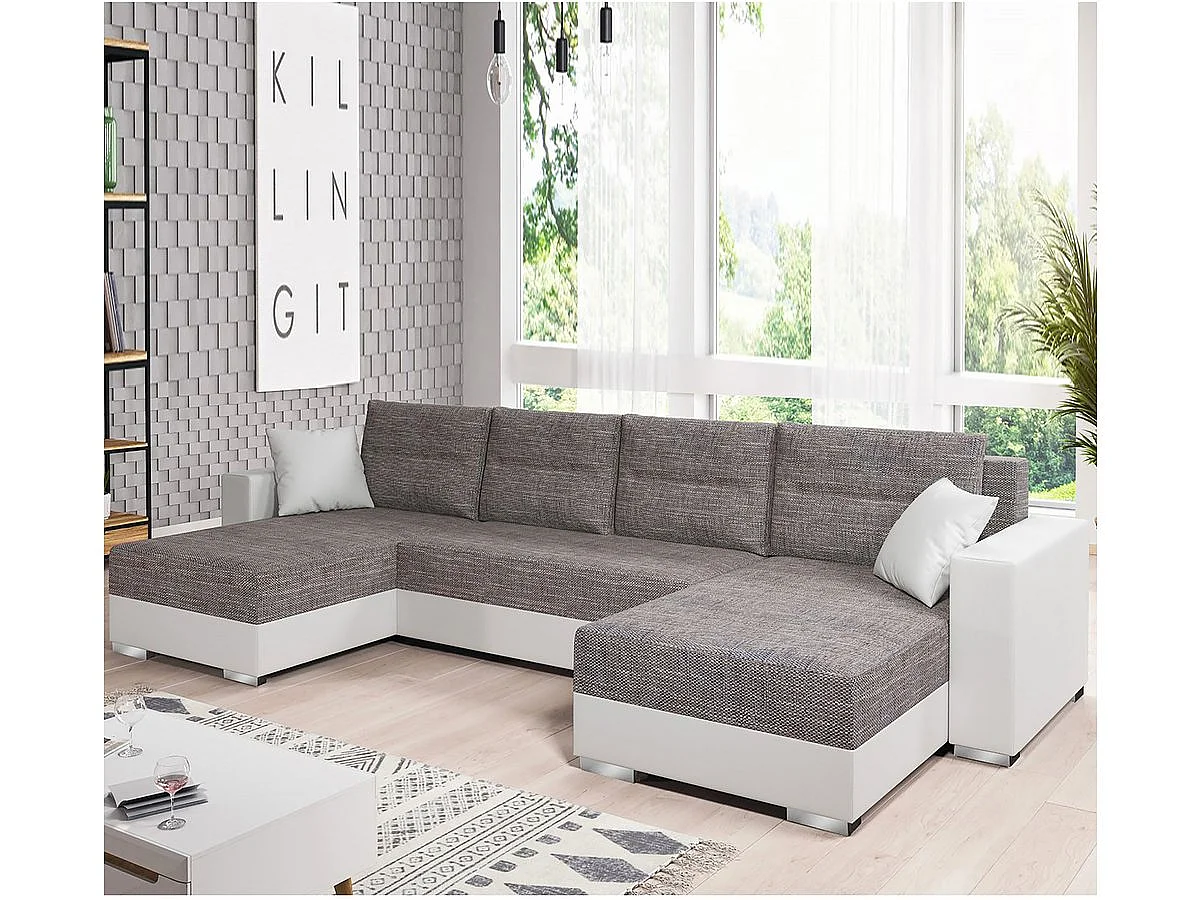 Canapé d'angle  panoramique convertible "Heron U" - 346 x 159 x 90 cm - 4 Places - Gris Blanc