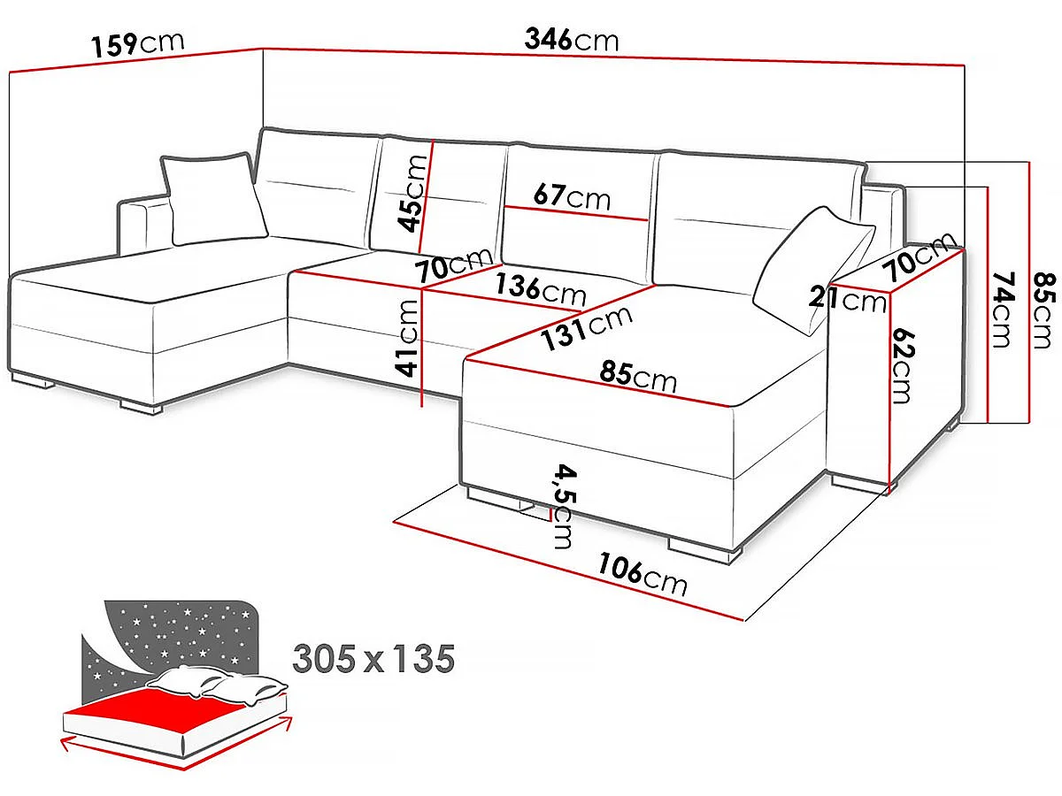 Canapé d'angle  panoramique convertible "Heron U" - 346 x 159 x 90 cm - 4 Places - Gris Blanc