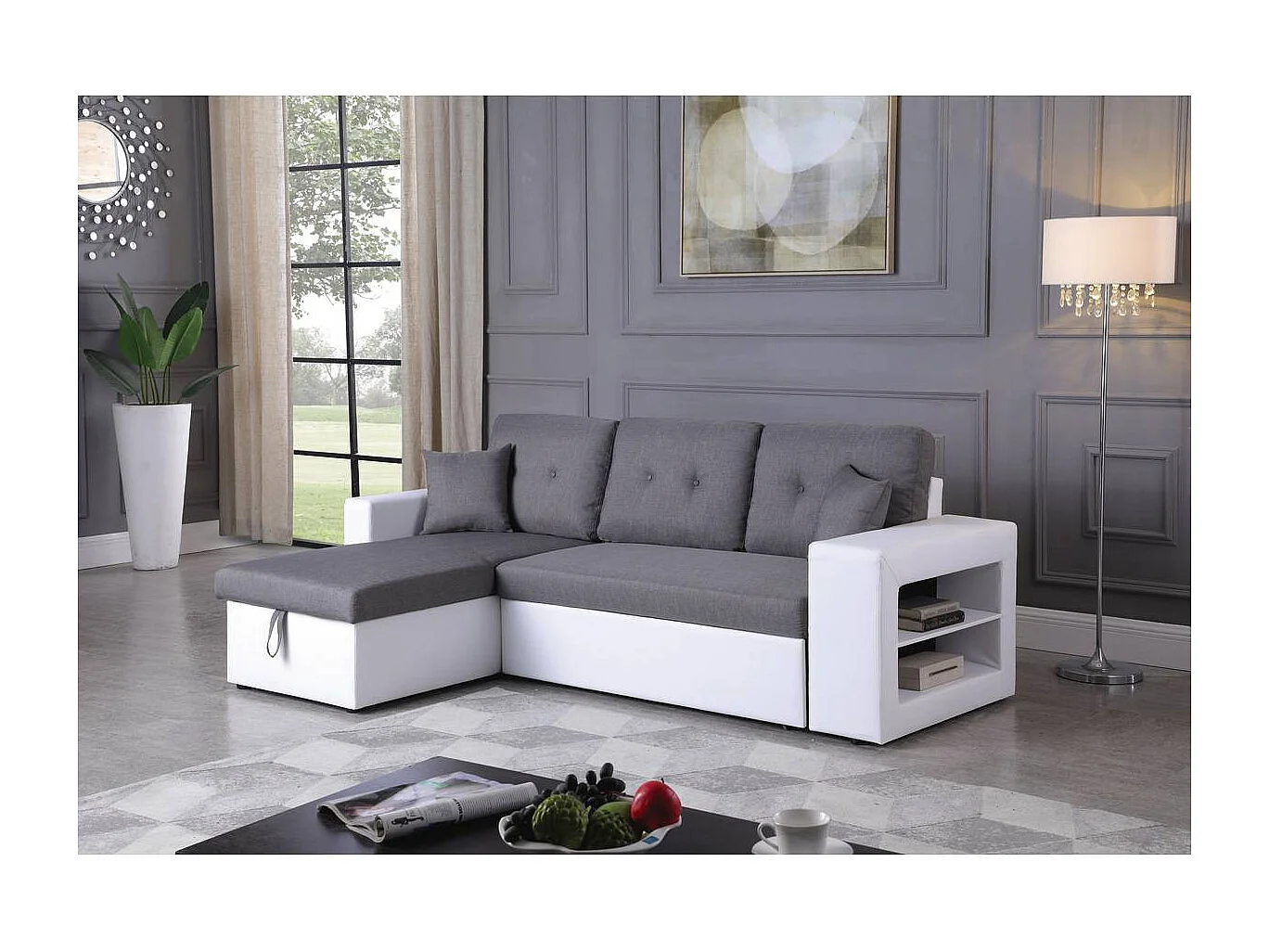 Canapé d'angle convertible/réversible "Axel" - 3 places - Blanc/Gris