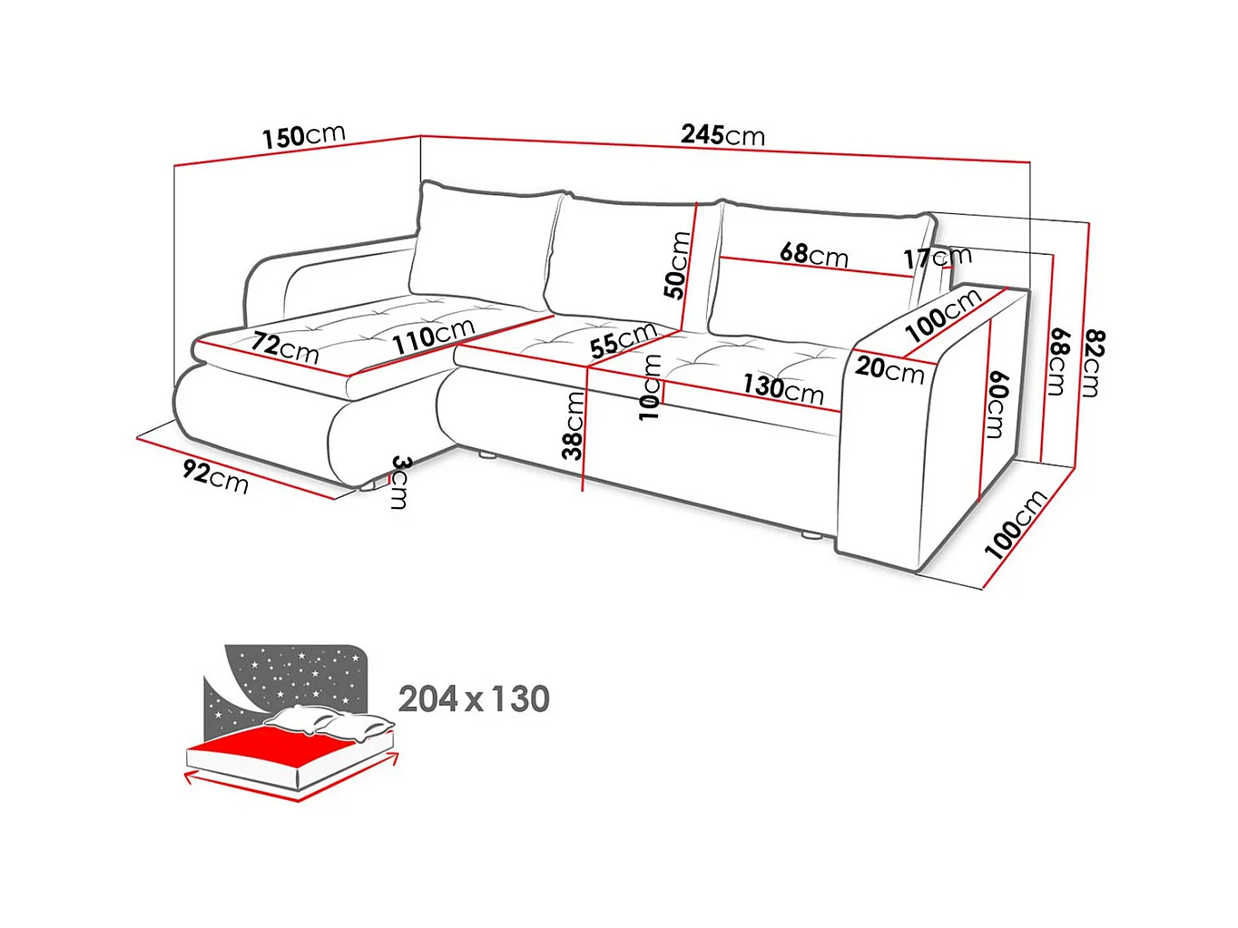 Sofá de canto Muncie 100, Cinzento, Funcionalidade de dormir