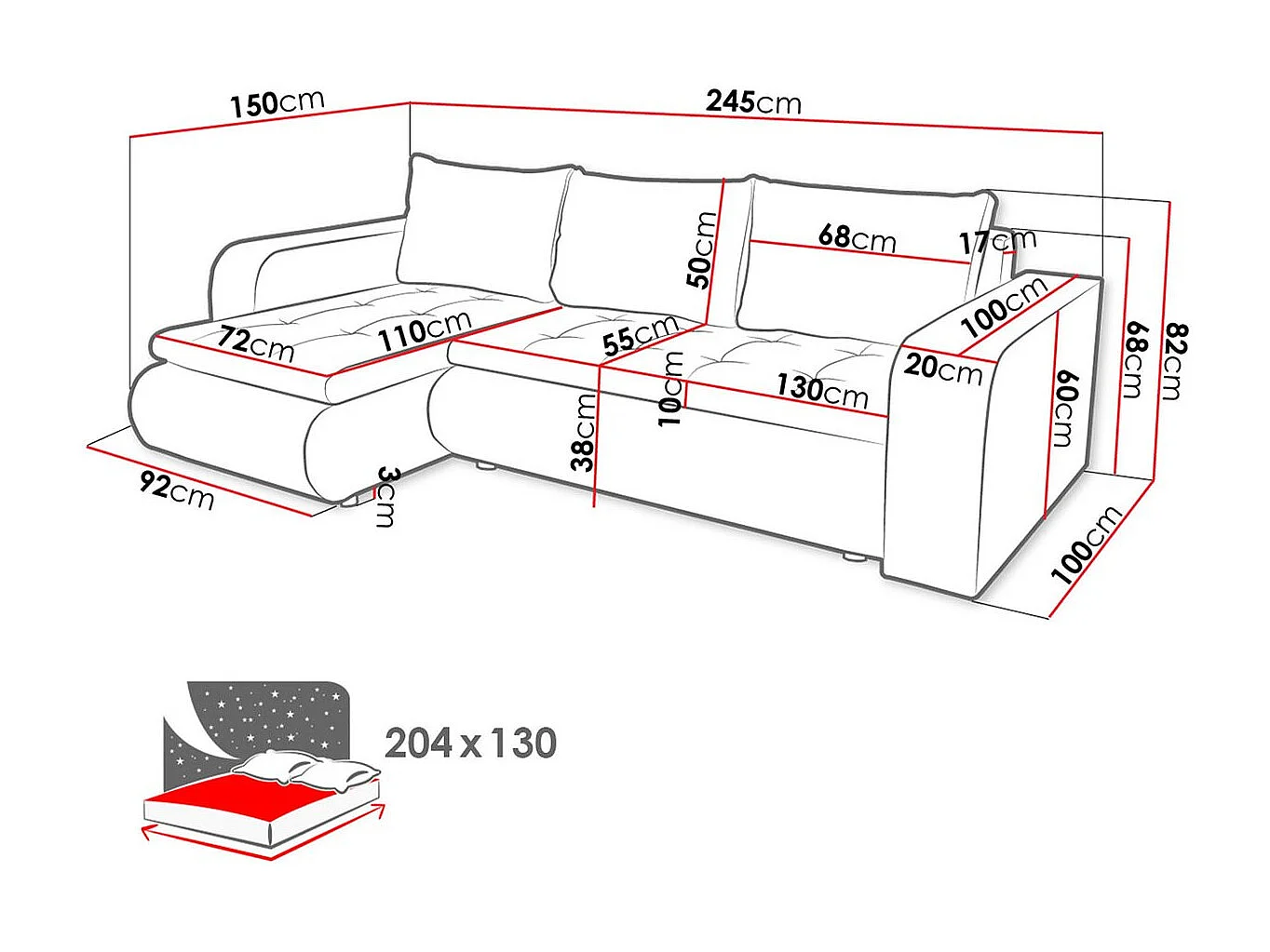 Sofá de canto Muncie 100, Cinzento, Funcionalidade de dormir