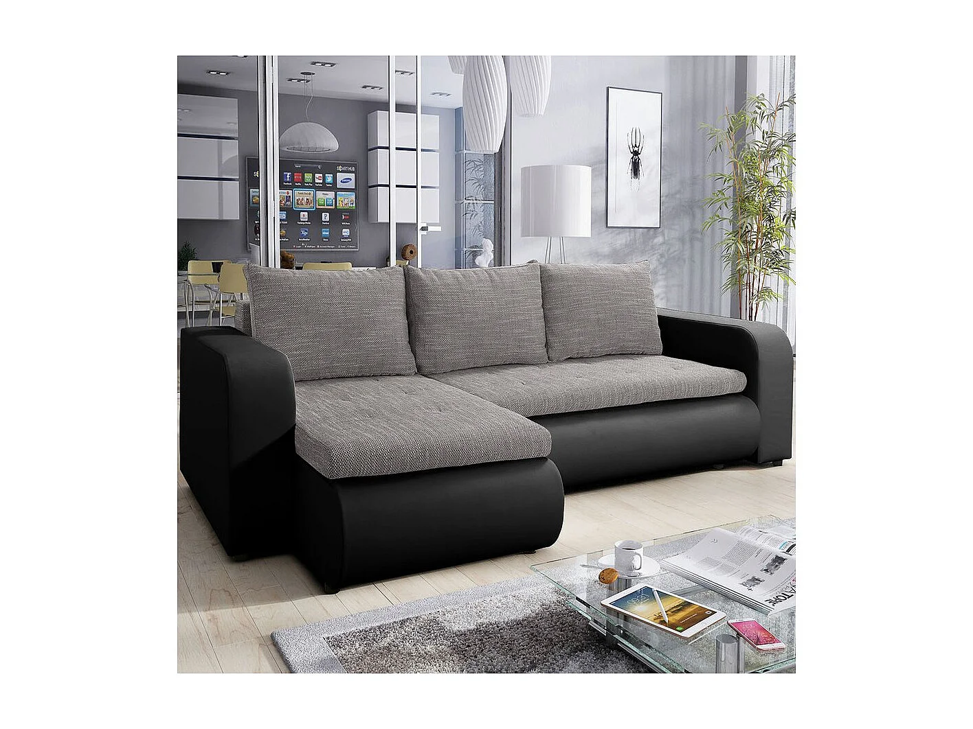 Sofá esquinero convertible izquierdo "Brooklyn" - 246 x 150 x 82 cm - 3 plazas - Gris Negro