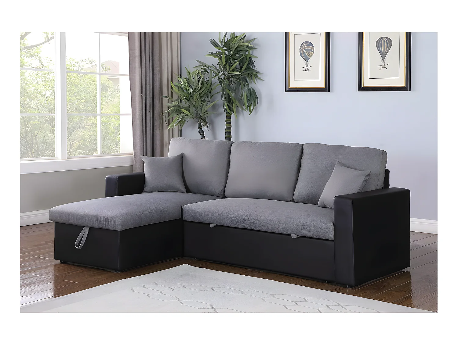 Canapé d'angle convertible/ réversible avec coffre "Alain" - 3 places - Gris / Noir