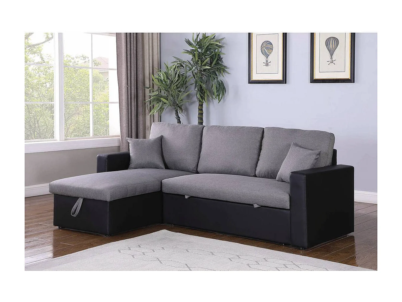 Divano ad angolo trasformabile con contenitore "Alain" - 221 x 145 x 85 cm - 3 posti a sedere - Grigio / Nero