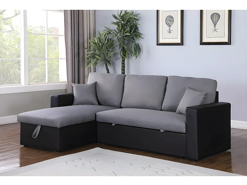 Canapé d'angle convertible/ réversible avec coffre "Alain" - 3 places - Gris / Noir