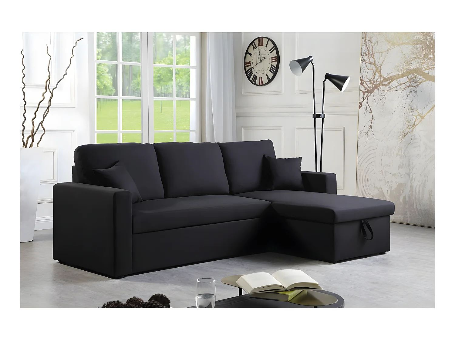 Canapé d'angle convertible/ réversible "Alain" - 221 x 145 x 85 cm - 3 places - Noir
