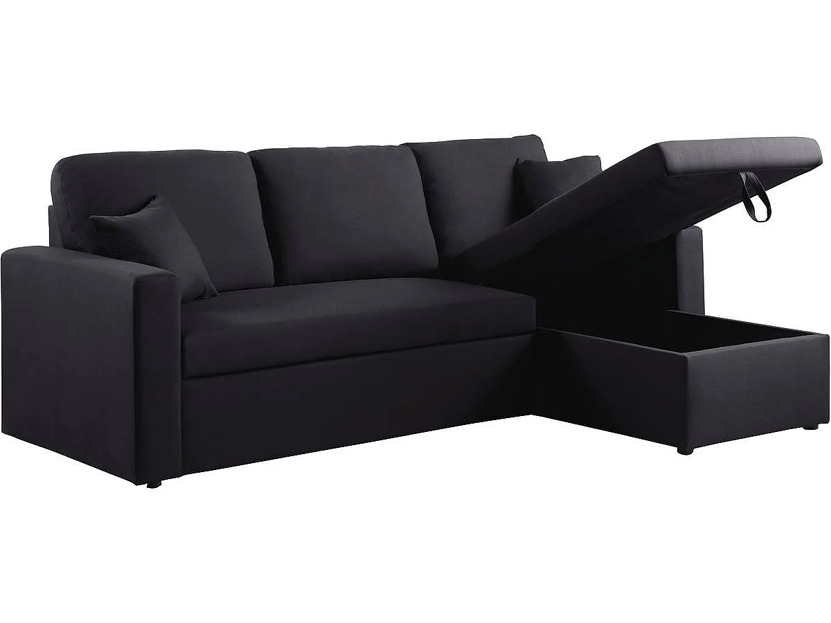 Hoekbank met opbergruimte slaapbank meubel links of rechts bank "Alain" - 221 x 145 x 85 cm - 3 zits - Zwart