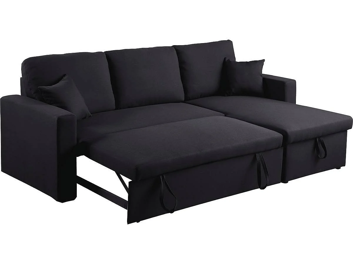 Hoekbank met opbergruimte slaapbank meubel links of rechts bank "Alain" - 221 x 145 x 85 cm - 3 zits - Zwart