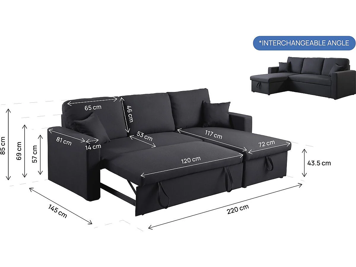 Canapé d'angle convertible tiroir 3 places réversible en tissu noir ALAIN