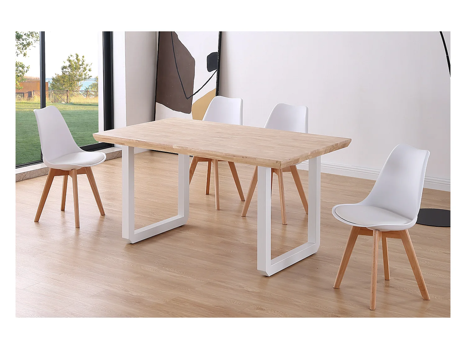 Table à manger rectangulaire en bois coloris chêne nordique pieds blanc - longueur 150 x profondeur 90 x hauteur 77 cm