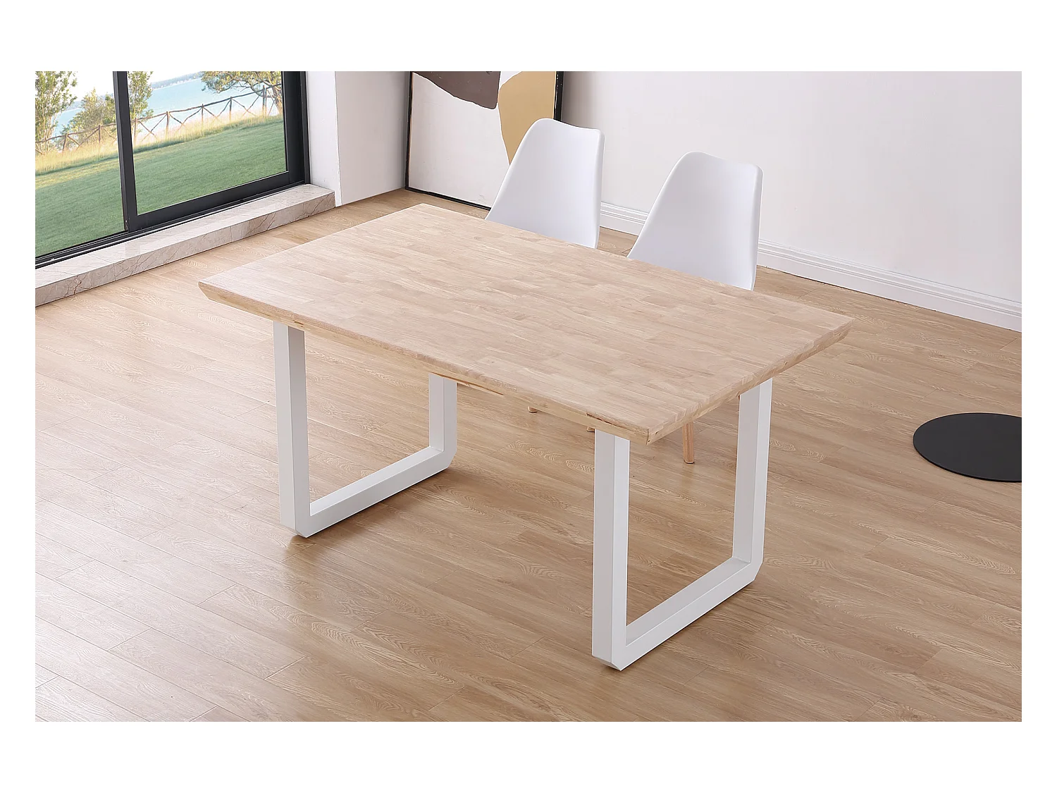 Table à manger rectangulaire en bois coloris chêne nordique pieds blanc - longueur 150 x profondeur 90 x hauteur 77 cm