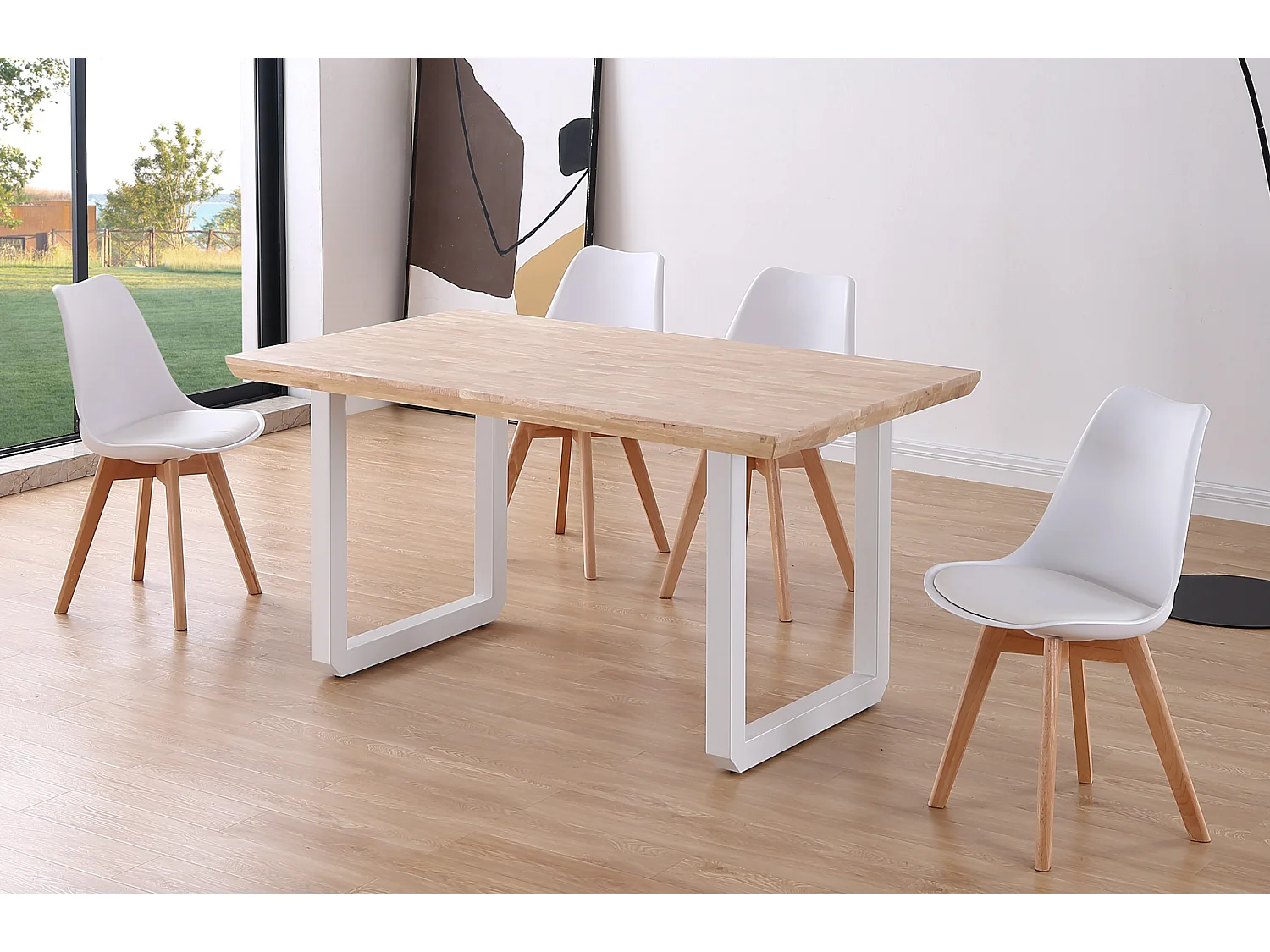 Table à manger rectangulaire en bois coloris chêne nordique pieds blanc - longueur 150 x profondeur 90 x hauteur 77 cm