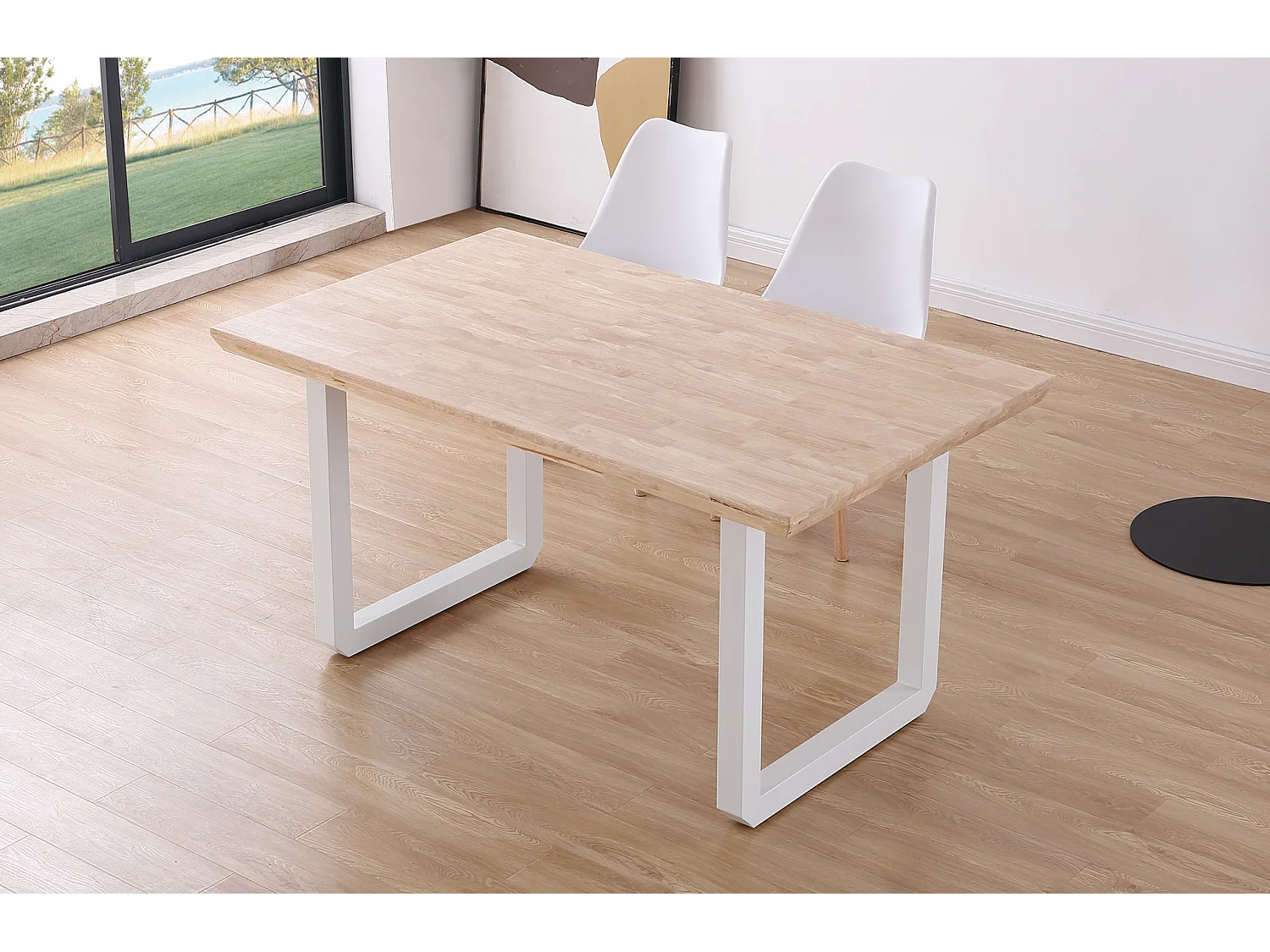 Table à manger rectangulaire en bois coloris chêne nordique pieds blanc - longueur 150 x profondeur 90 x hauteur 77 cm