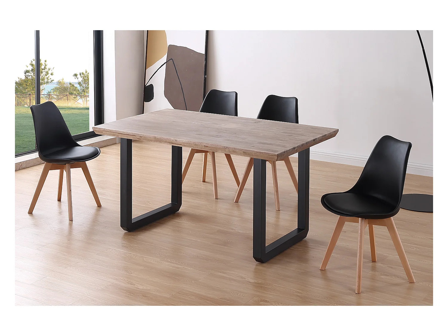 Table à manger rectangulaire en bois coloris chêne miel pieds noir - longueur 150 x profondeur 90 x hauteur 77 cm