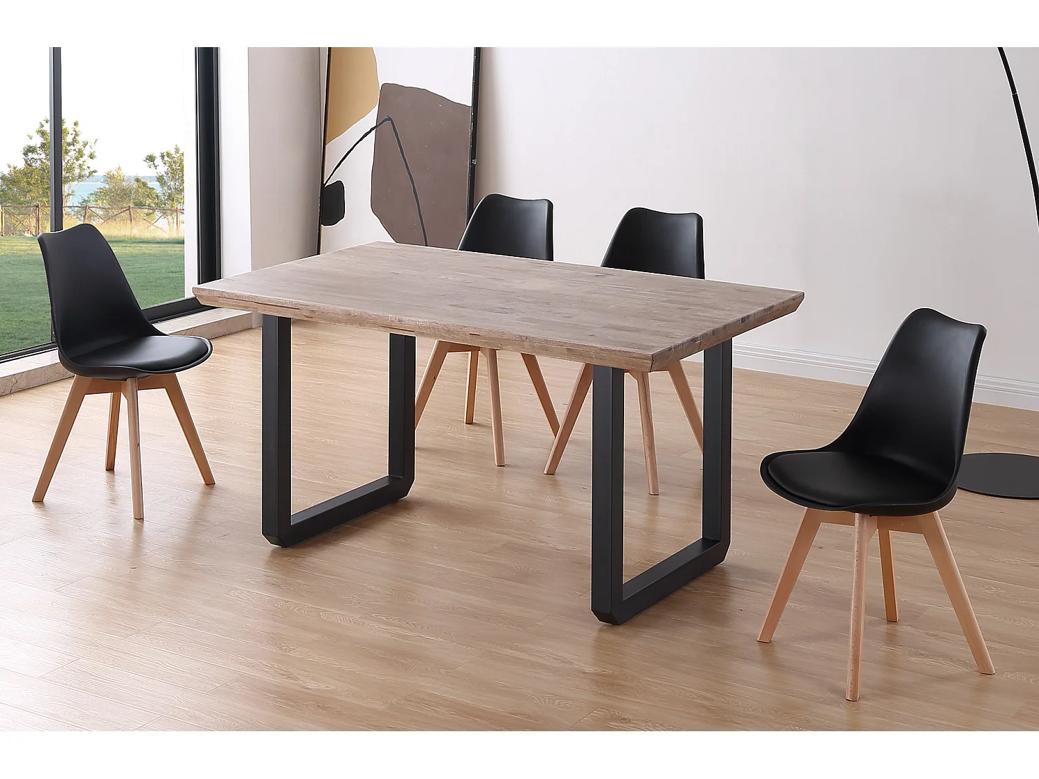 Table à manger rectangulaire en bois coloris chêne miel pieds noir - longueur 150 x profondeur 90 x hauteur 77 cm