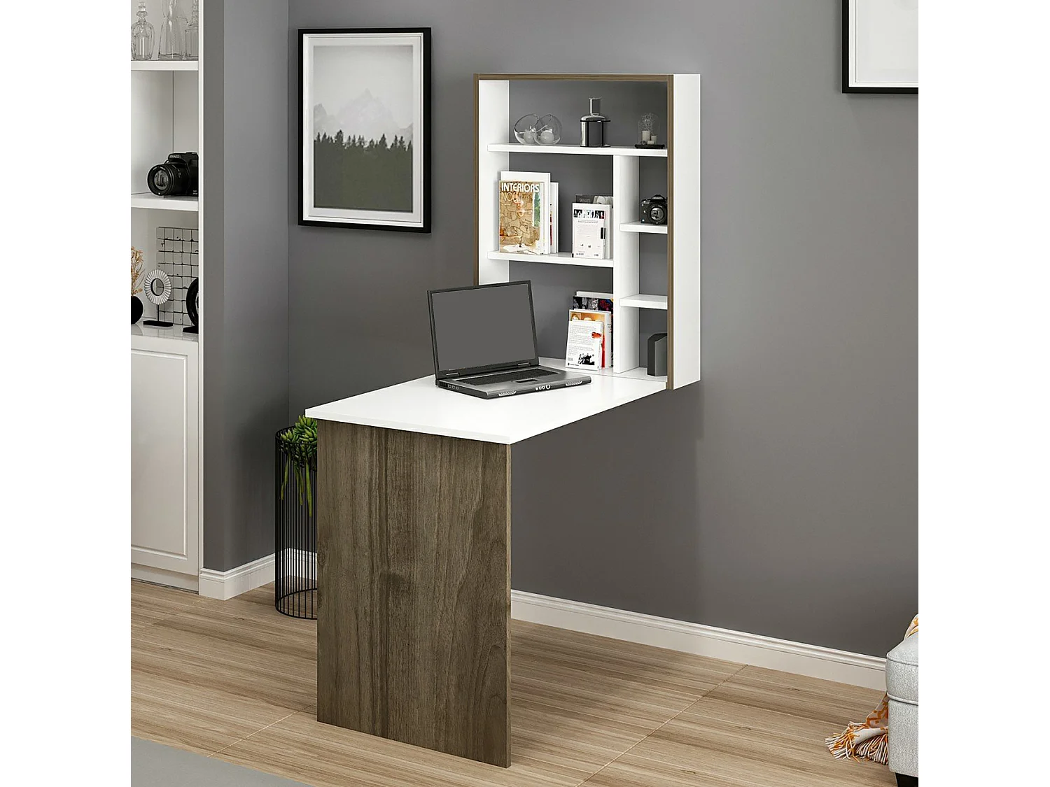 Bureau mural Greve rabattable avec étagère intégrée 82 x 62 x 16 cm blanc / effet noyer [en.casa]