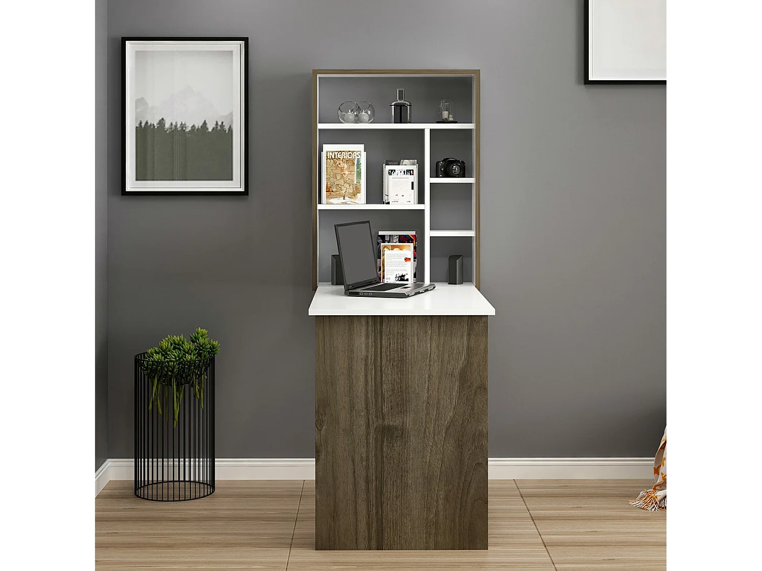 Bureau mural Greve rabattable avec étagère intégrée 82 x 62 x 16 cm blanc / effet noyer [en.casa]