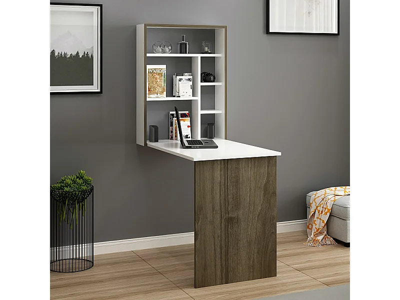 Bureau mural Greve rabattable avec étagère intégrée 82 x 62 x 16 cm blanc / effet noyer [en.casa]