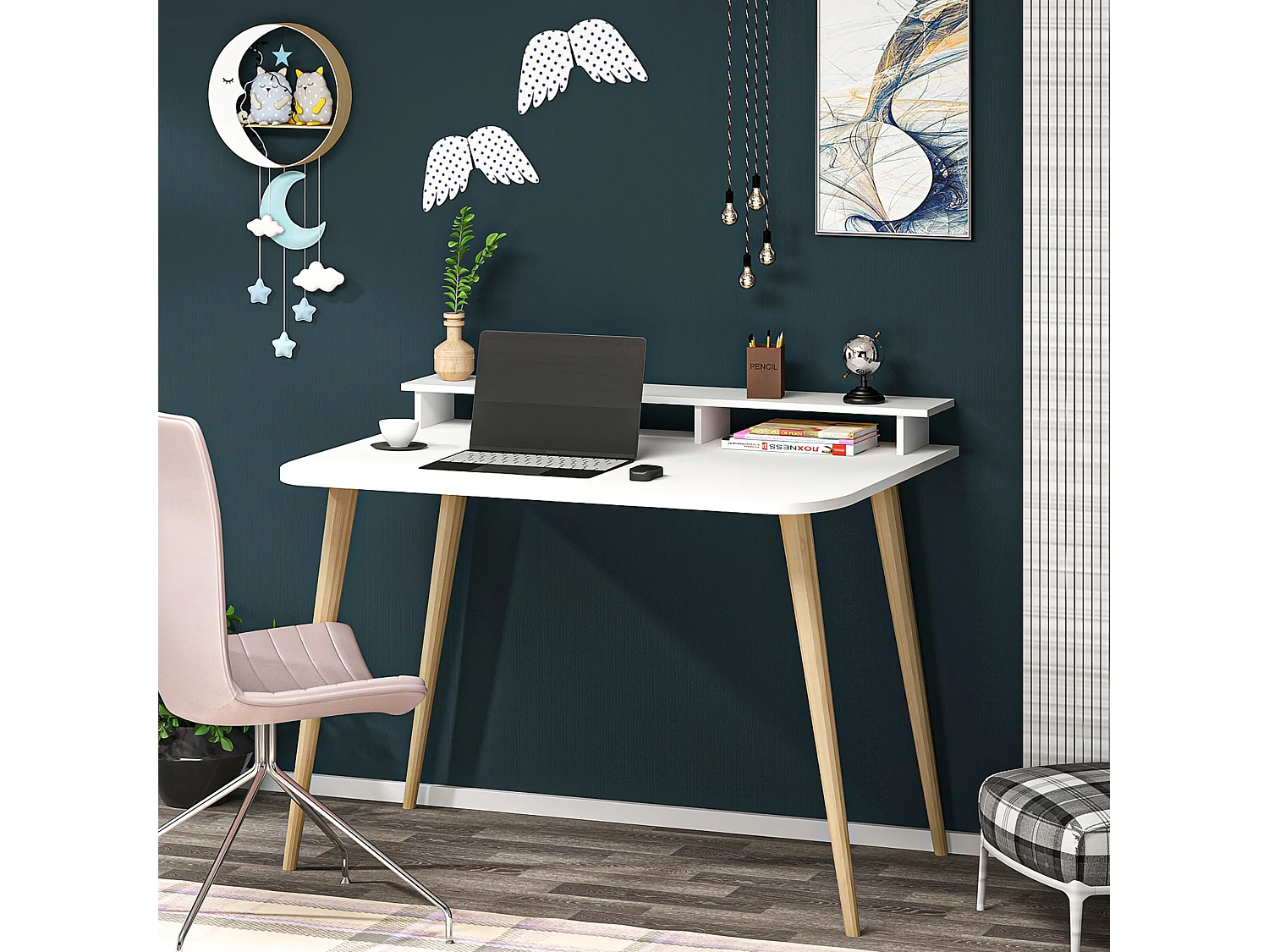 Bureau Östhammar avec réhausseur d'écran 73,8 x 90 x 60 cm blanc / naturel [en.casa]