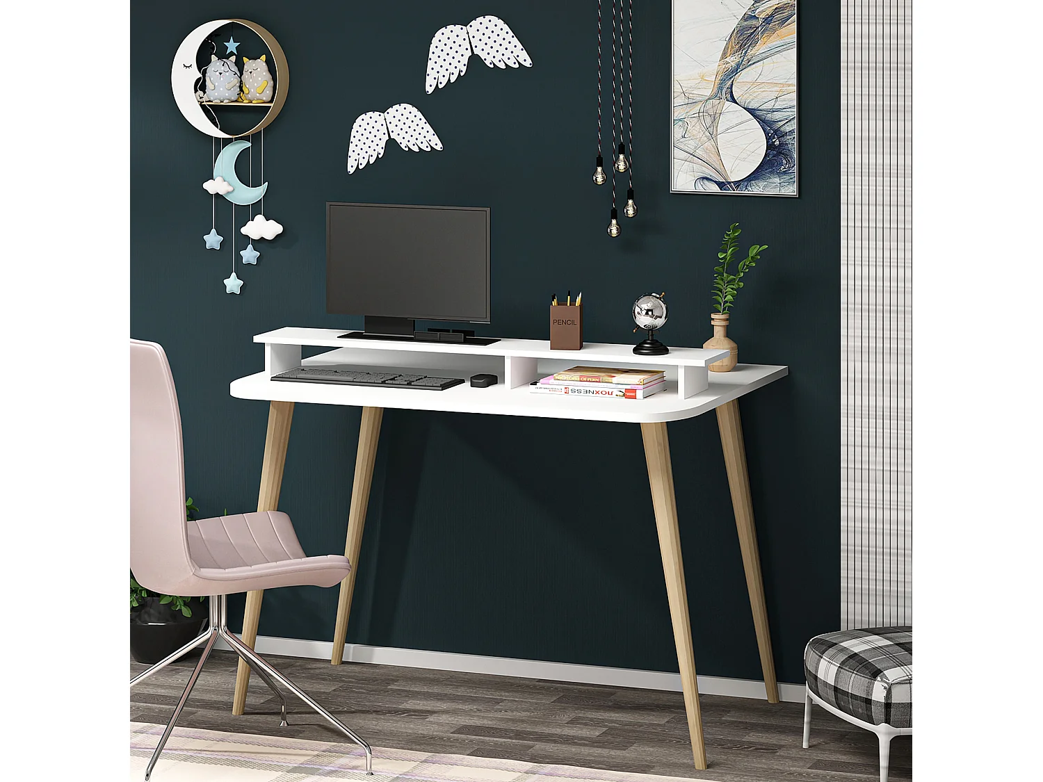 Bureau Östhammar avec réhausseur d'écran 73,8 x 90 x 60 cm blanc / naturel [en.casa]