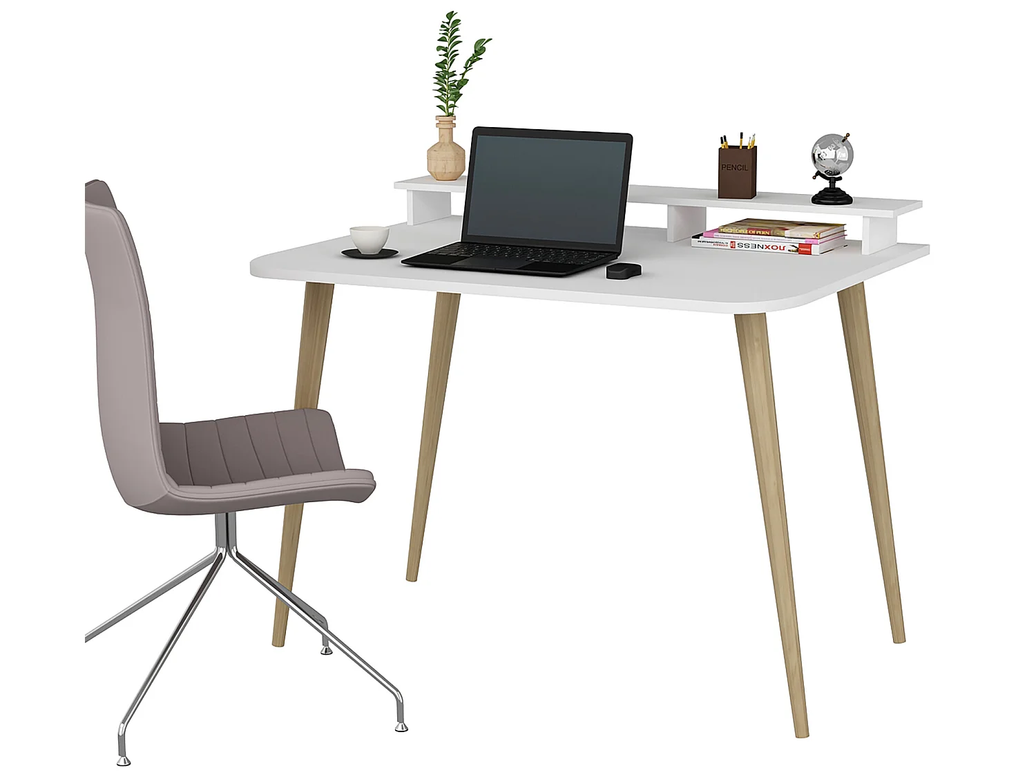 Bureau Östhammar avec réhausseur d'écran 73,8 x 90 x 60 cm blanc / naturel [en.casa]