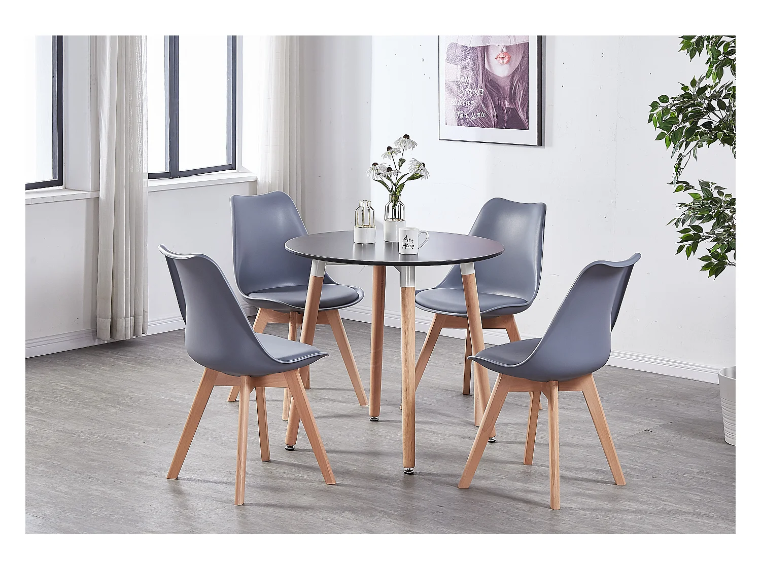 LORENZO HALO - Ensemble Salle à Manger - Table Noire Ronde + 4 Chaises Scandinaves Grises