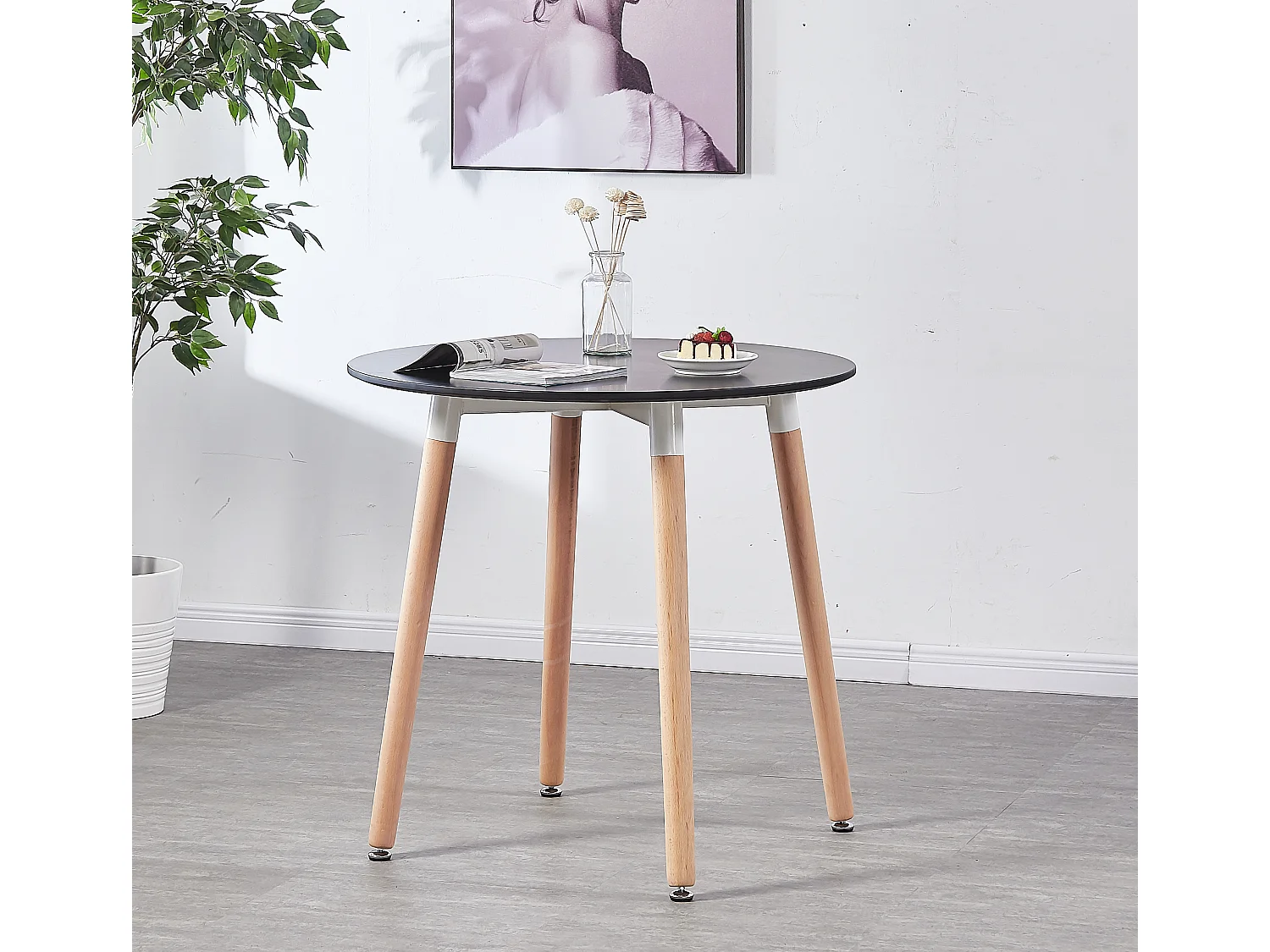 LORENZO HALO - Ensemble Salle à Manger - Table Noire Ronde + 4 Chaises Scandinaves Grises