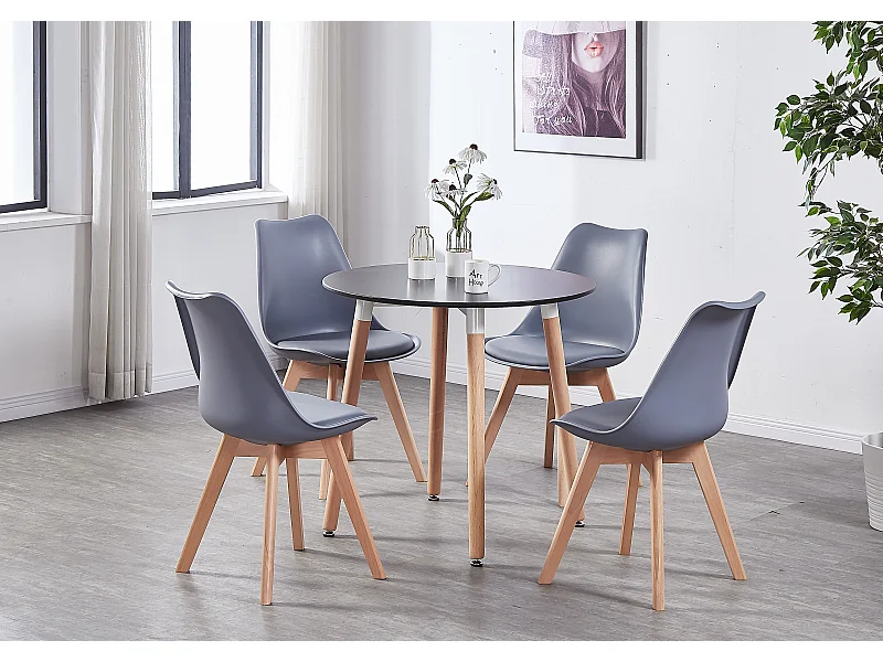 LORENZO HALO - Ensemble Salle à Manger - Table Noire Ronde + 4 Chaises Scandinaves Grises