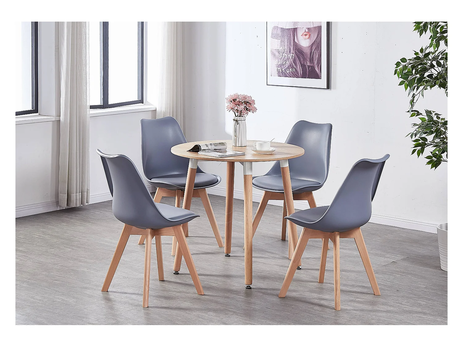 LORENZO HALO - Ensemble Salle à Manger - Table Ronde Effet Chêne + 4 Chaises Scandinaves Grises