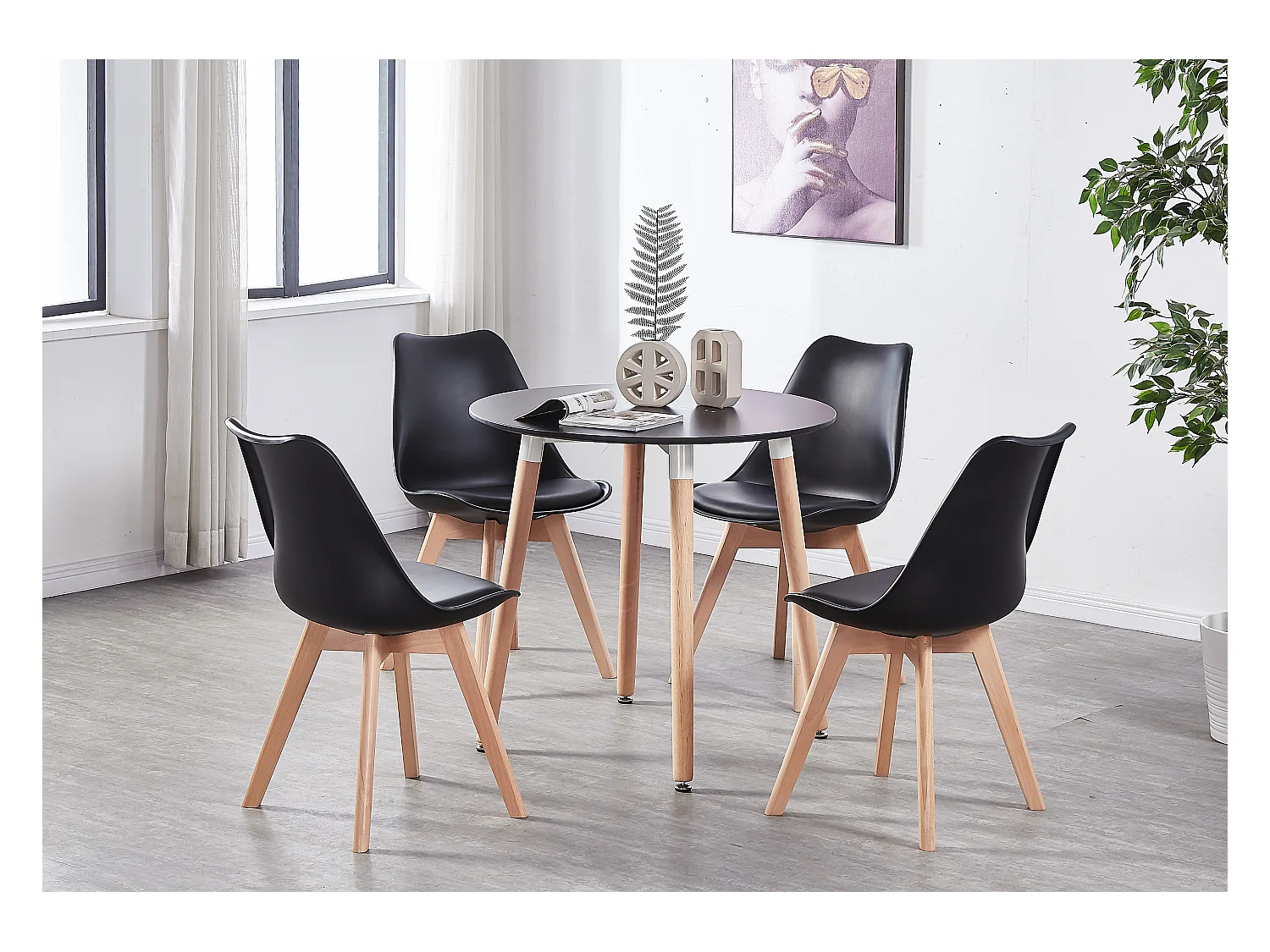 LORENZO HALO - Ensemble Salle à Manger - Table Noire Ronde + 4 Chaises Scandinaves Noires