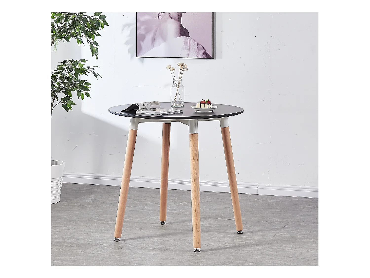 LORENZO HALO - Ensemble Salle à Manger - Table Noire Ronde + 4 Chaises Scandinaves Noires