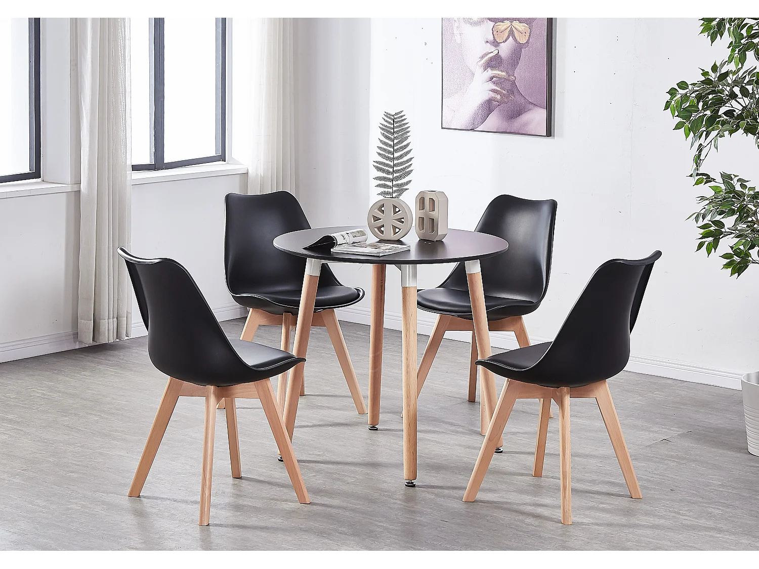 LORENZO HALO - Ensemble Salle à Manger - Table Noire Ronde + 4 Chaises Scandinaves Noires