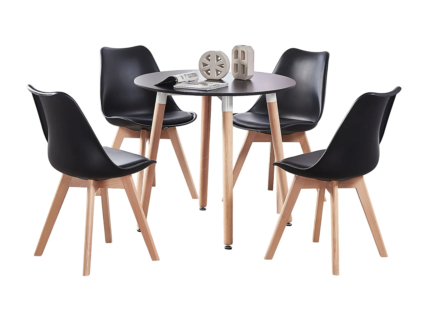 LORENZO HALO - Ensemble Salle à Manger - Table Noire Ronde + 4 Chaises Scandinaves Noires
