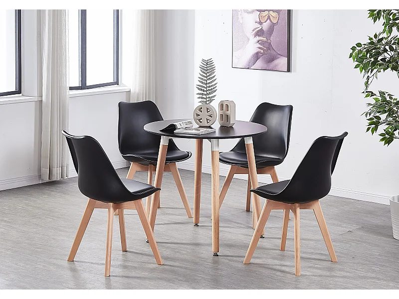 LORENZO HALO - Ensemble Salle à Manger - Table Noire Ronde + 4 Chaises Scandinaves Noires