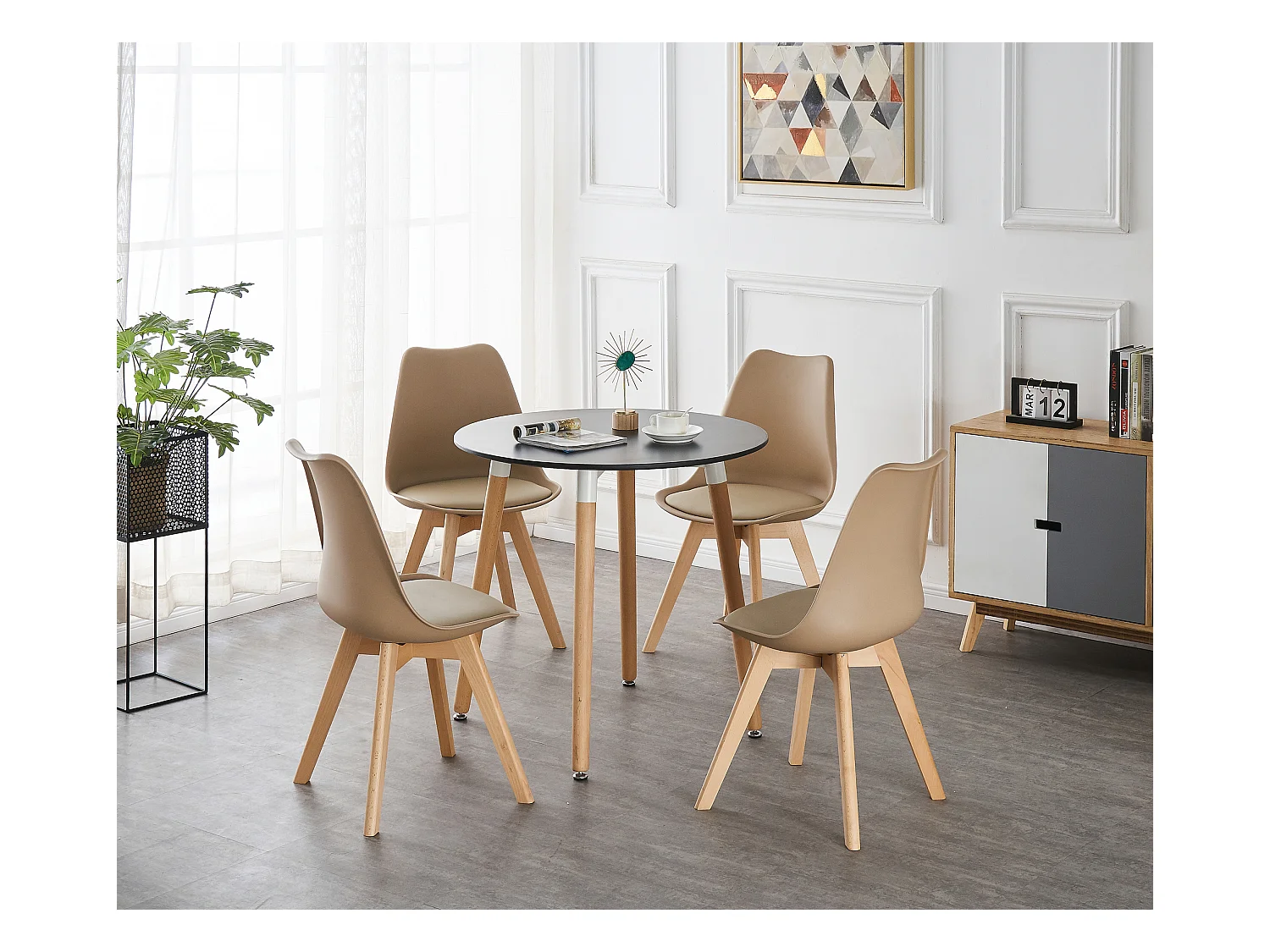 LORENZO HALO - Ensemble Salle à Manger - Table Noire Ronde + 4 Chaises Scandinaves Beiges