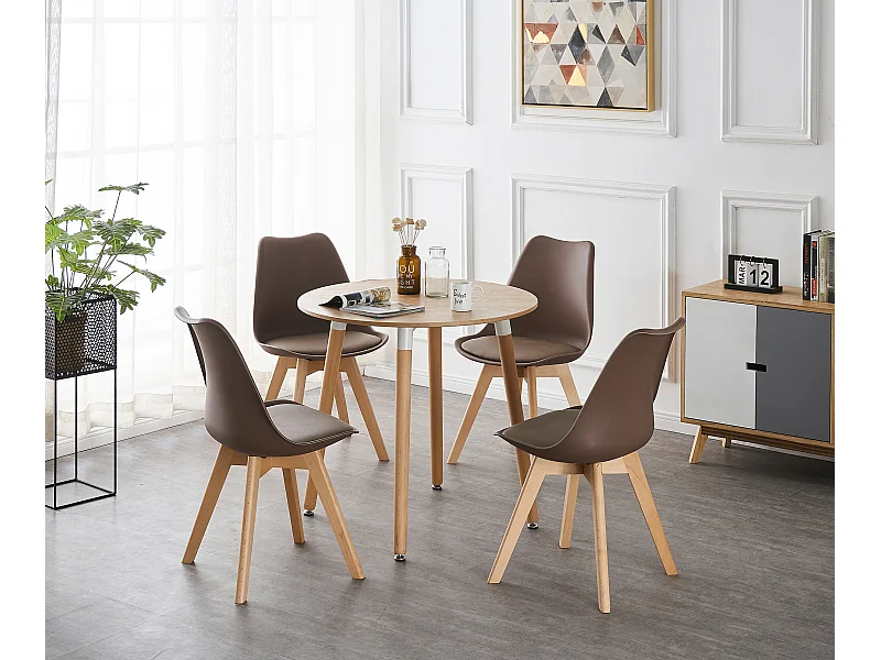LORENZO HALO - Ensemble Salle à Manger - Table Ronde Effet Chêne + 4 Chaises Scandinaves Marron