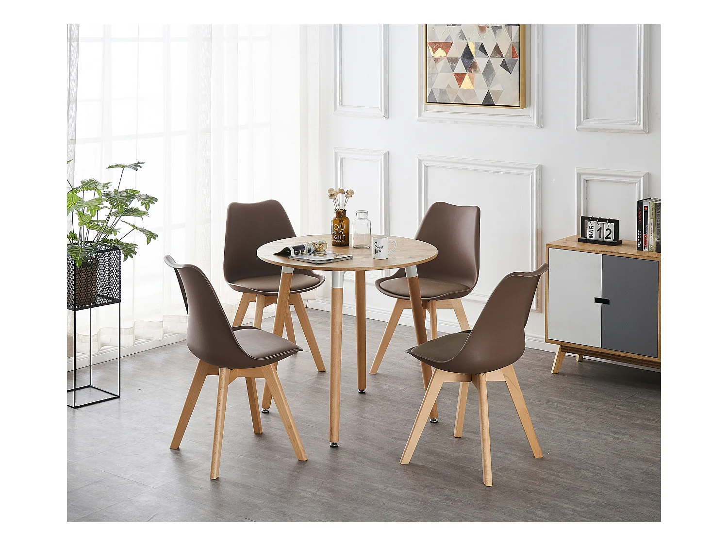 LORENZO HALO - Ensemble Salle à Manger - Table Ronde Effet Chêne + 4 Chaises Scandinaves Marron