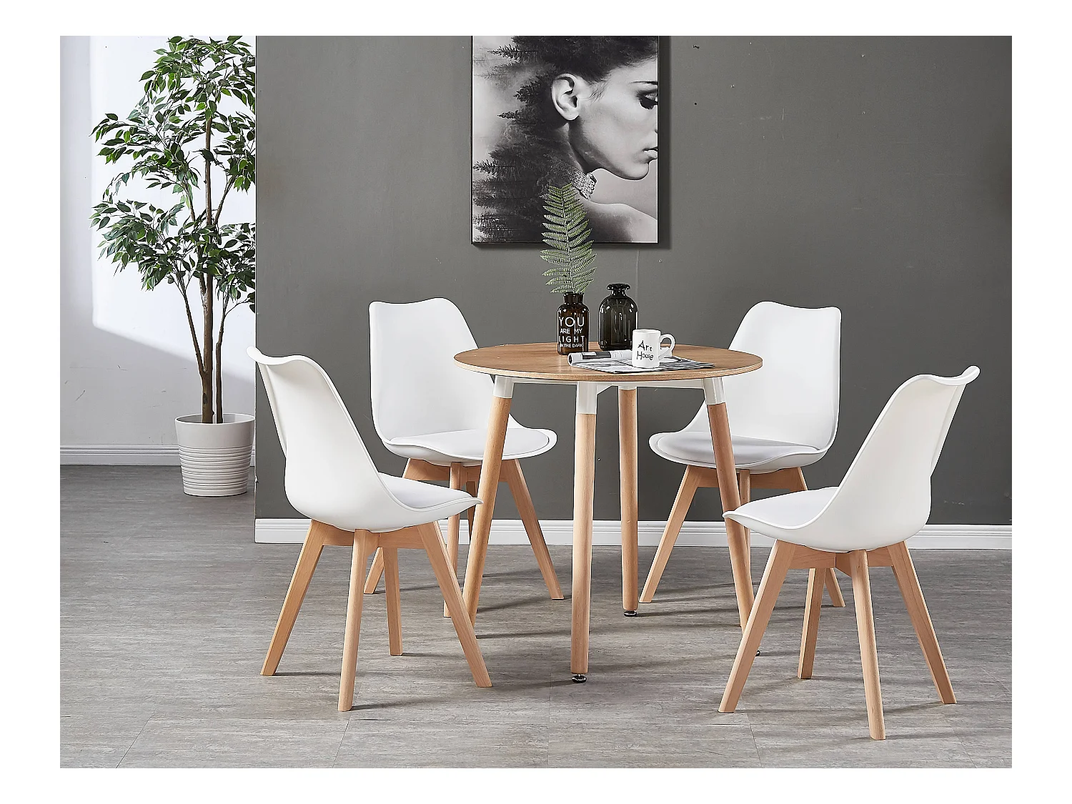 LORENZO HALO - Ensemble Salle à Manger - Table Ronde Effet Chêne + 4 Chaises Scandinaves Blanches