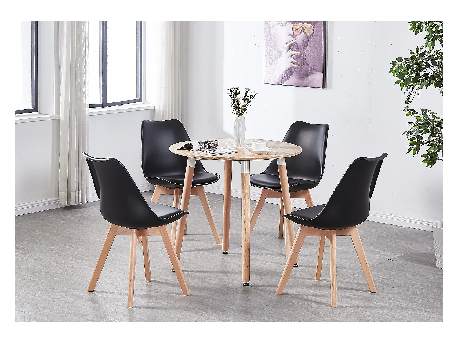 LORENZO HALO - Ensemble Salle à Manger - Table Ronde Effet Chêne + 4 Chaises Scandinaves Noires