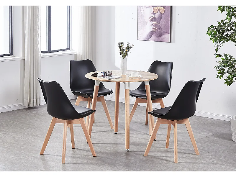 LORENZO HALO - Ensemble Salle à Manger - Table Ronde Effet Chêne + 4 Chaises Scandinaves Noires